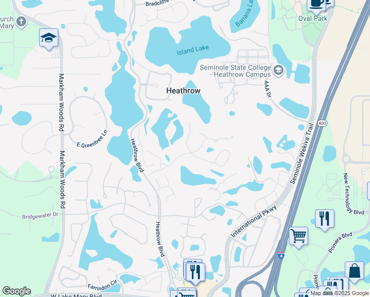 map of restaurants, bars, coffee shops, grocery stores, and more near 458 Devon Place in Lake Mary