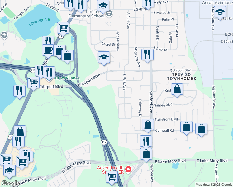 map of restaurants, bars, coffee shops, grocery stores, and more near 114 West Coleman Circle in Sanford
