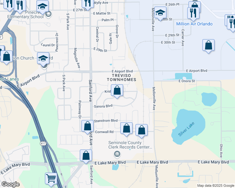 map of restaurants, bars, coffee shops, grocery stores, and more near 225 Odham Drive in Sanford