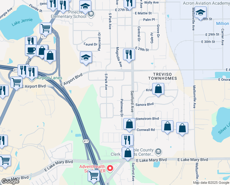 map of restaurants, bars, coffee shops, grocery stores, and more near 113 East Coleman Circle in Sanford