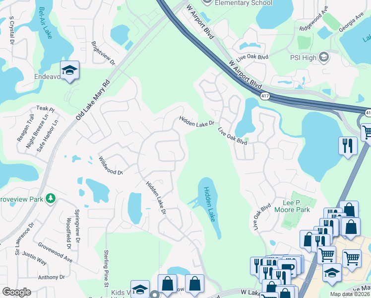 map of restaurants, bars, coffee shops, grocery stores, and more near 115 Borada Road in Sanford