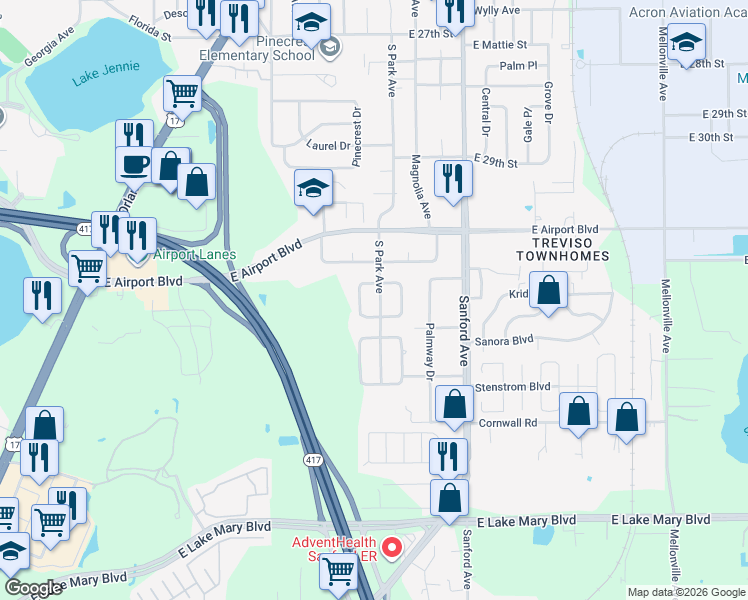 map of restaurants, bars, coffee shops, grocery stores, and more near 3304 South Park Avenue in Sanford