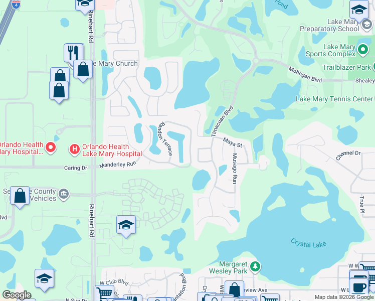 map of restaurants, bars, coffee shops, grocery stores, and more near 275 Randon Terrace in Lake Mary