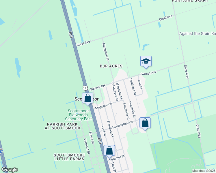 map of restaurants, bars, coffee shops, grocery stores, and more near 3695 Sunset Avenue in Mims
