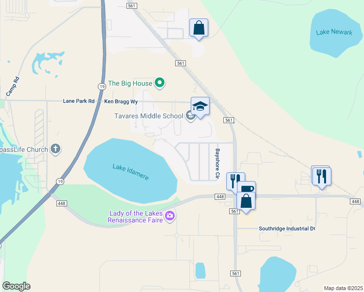 map of restaurants, bars, coffee shops, grocery stores, and more near 1317 Lake Idamere Boulevard in Tavares