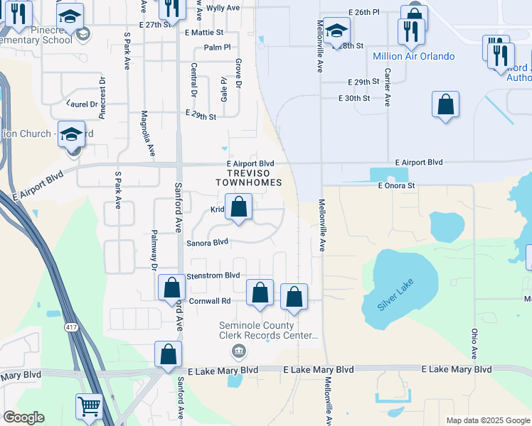 map of restaurants, bars, coffee shops, grocery stores, and more near 307 Krider Road in Sanford