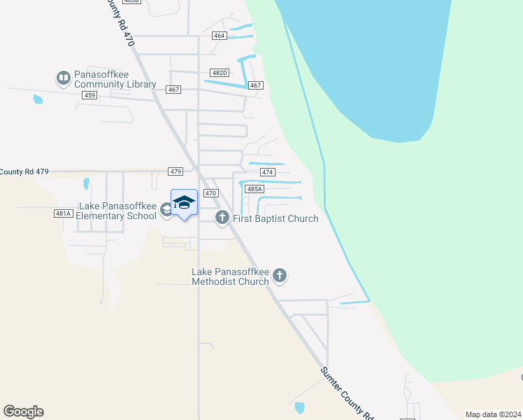 map of restaurants, bars, coffee shops, grocery stores, and more near 764 County Road 485 in Lake Panasoffkee