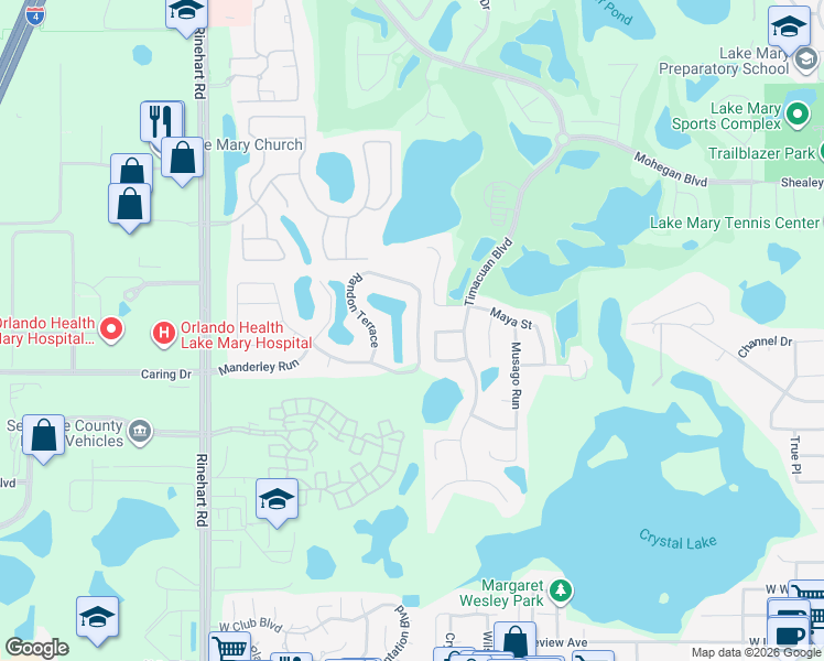 map of restaurants, bars, coffee shops, grocery stores, and more near 275 Randon Terrace in Lake Mary
