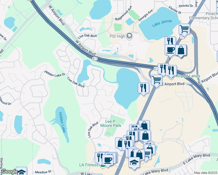 map of restaurants, bars, coffee shops, grocery stores, and more near 183 Edgewater Circle in Sanford