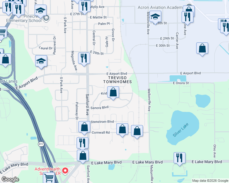 map of restaurants, bars, coffee shops, grocery stores, and more near 225 Odham Drive in Sanford