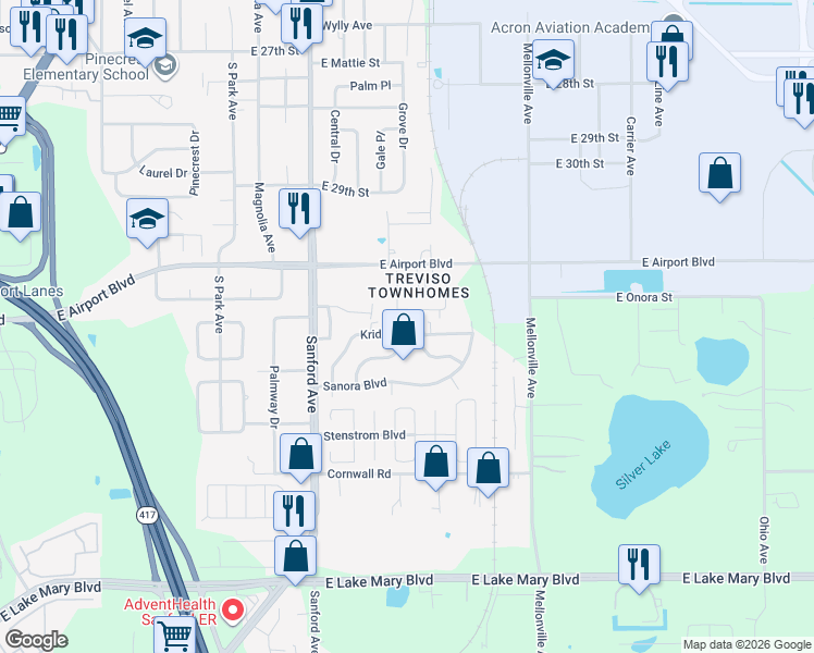 map of restaurants, bars, coffee shops, grocery stores, and more near 225 Odham Drive in Sanford