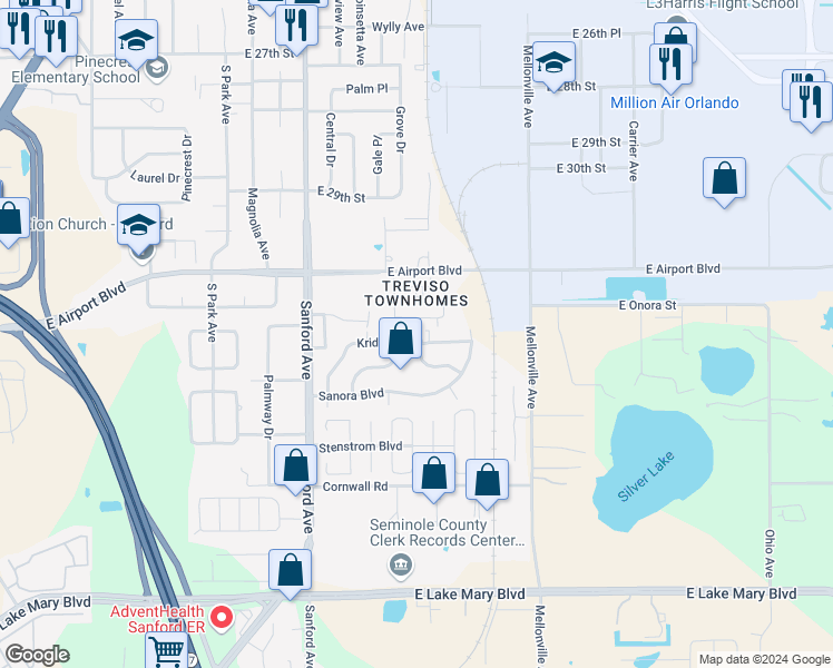 map of restaurants, bars, coffee shops, grocery stores, and more near 238 Krider Road in Sanford