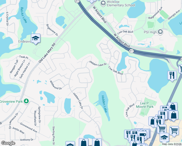 map of restaurants, bars, coffee shops, grocery stores, and more near 115 Borada Road in Sanford