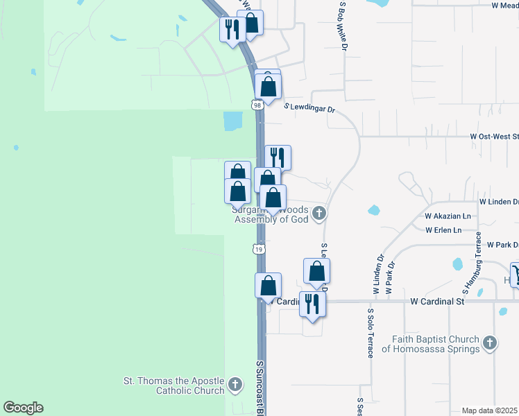 map of restaurants, bars, coffee shops, grocery stores, and more near 6191-6275 South Suncoast Boulevard in Homosassa Springs