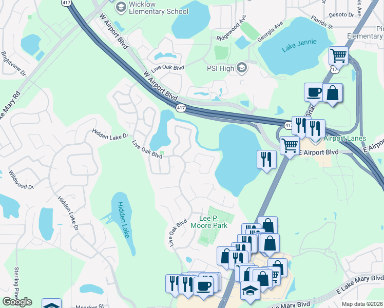 map of restaurants, bars, coffee shops, grocery stores, and more near 196 Edgewater Circle in Sanford