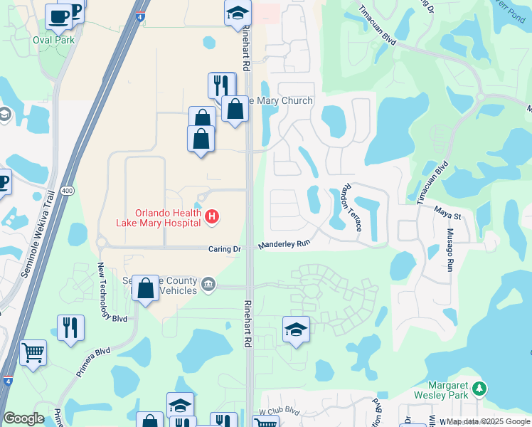 map of restaurants, bars, coffee shops, grocery stores, and more near 587 Randon Terrace in Lake Mary