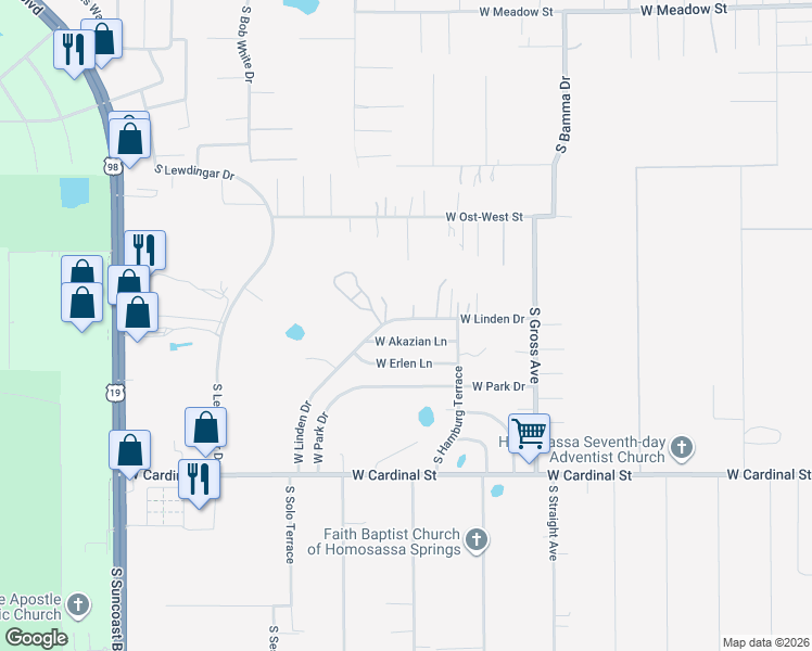 map of restaurants, bars, coffee shops, grocery stores, and more near 6540 West Linden Drive in Homosassa