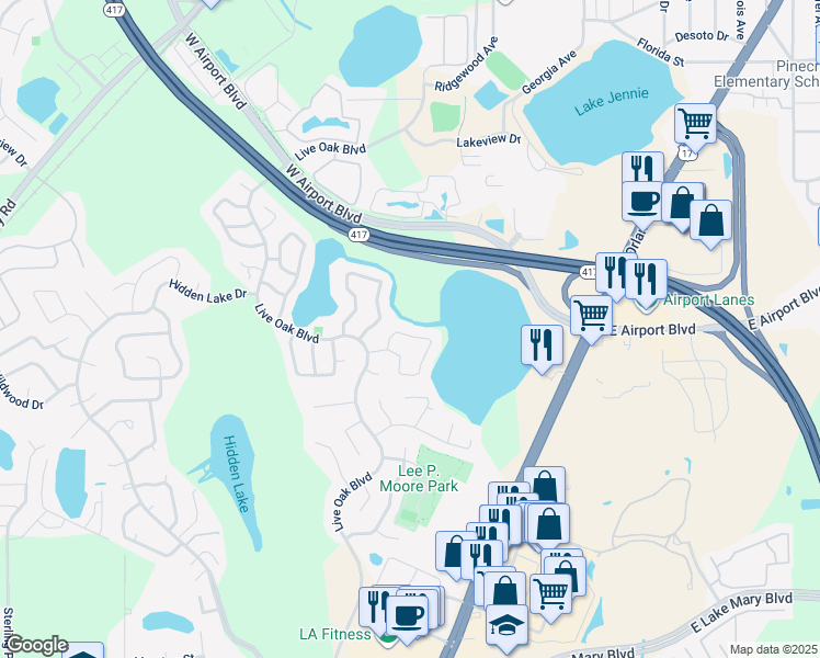 map of restaurants, bars, coffee shops, grocery stores, and more near 186 Edgewater Circle in Sanford
