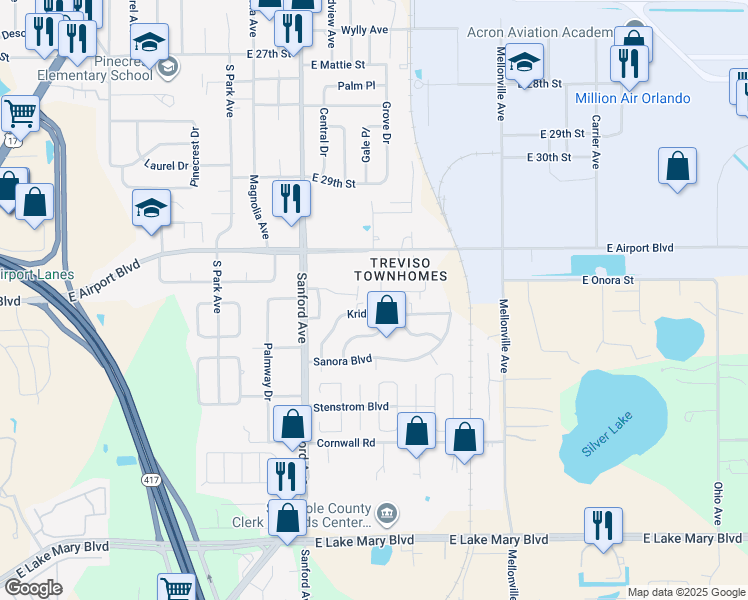 map of restaurants, bars, coffee shops, grocery stores, and more near 253 Carina Circle in Sanford
