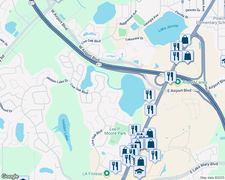 map of restaurants, bars, coffee shops, grocery stores, and more near 186 Edgewater Circle in Sanford