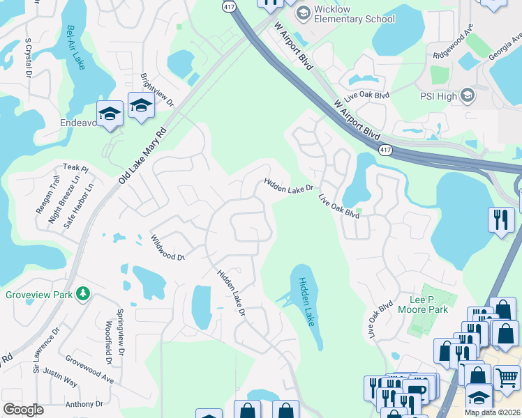 map of restaurants, bars, coffee shops, grocery stores, and more near 127 Borada Road in Sanford