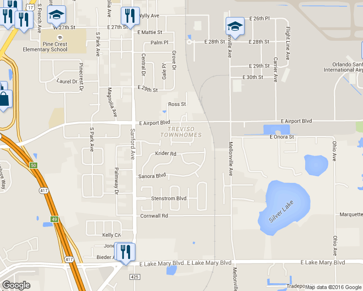 map of restaurants, bars, coffee shops, grocery stores, and more near 356 Carina Circle in Sanford
