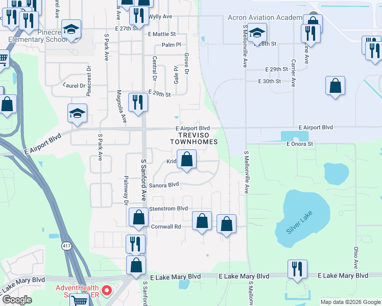 map of restaurants, bars, coffee shops, grocery stores, and more near 253 Carina Circle in Sanford
