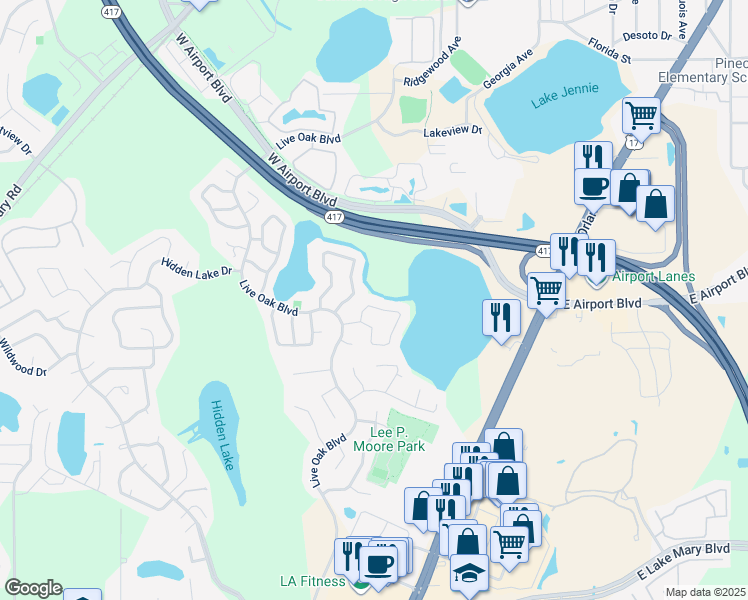 map of restaurants, bars, coffee shops, grocery stores, and more near 186 Edgewater Circle in Sanford