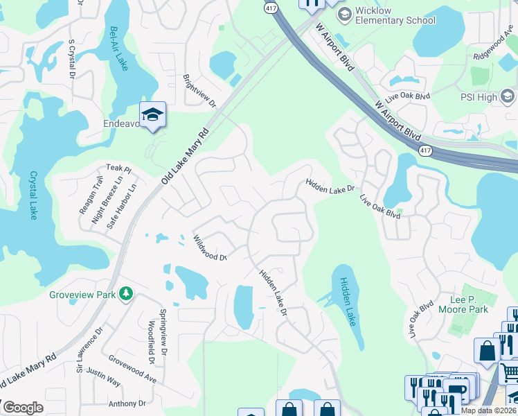 map of restaurants, bars, coffee shops, grocery stores, and more near 102 Laguna Court in Sanford