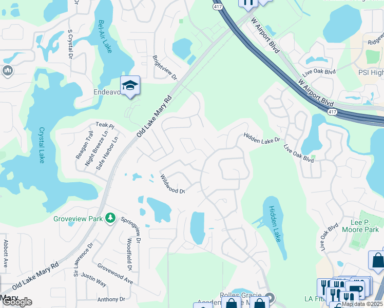 map of restaurants, bars, coffee shops, grocery stores, and more near 406 Ventura Drive in Sanford