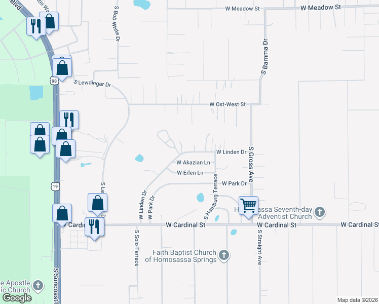 map of restaurants, bars, coffee shops, grocery stores, and more near 6540 West Linden Drive in Homosassa