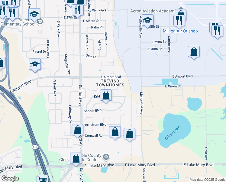 map of restaurants, bars, coffee shops, grocery stores, and more near 376 Carina Circle in Sanford