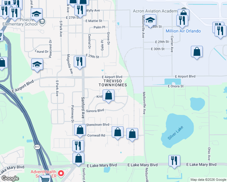 map of restaurants, bars, coffee shops, grocery stores, and more near 356 Carina Circle in Sanford