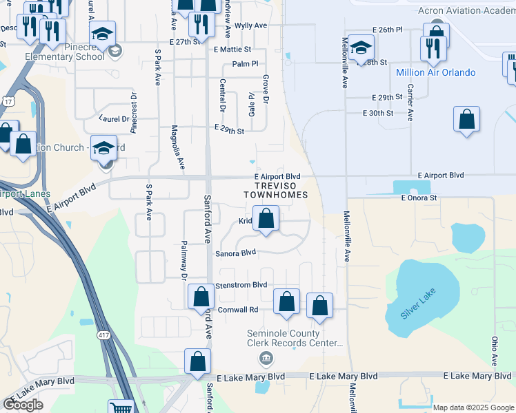 map of restaurants, bars, coffee shops, grocery stores, and more near 112 Augustus Point in Sanford