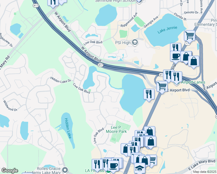 map of restaurants, bars, coffee shops, grocery stores, and more near 181 Lakeside Circle in Sanford
