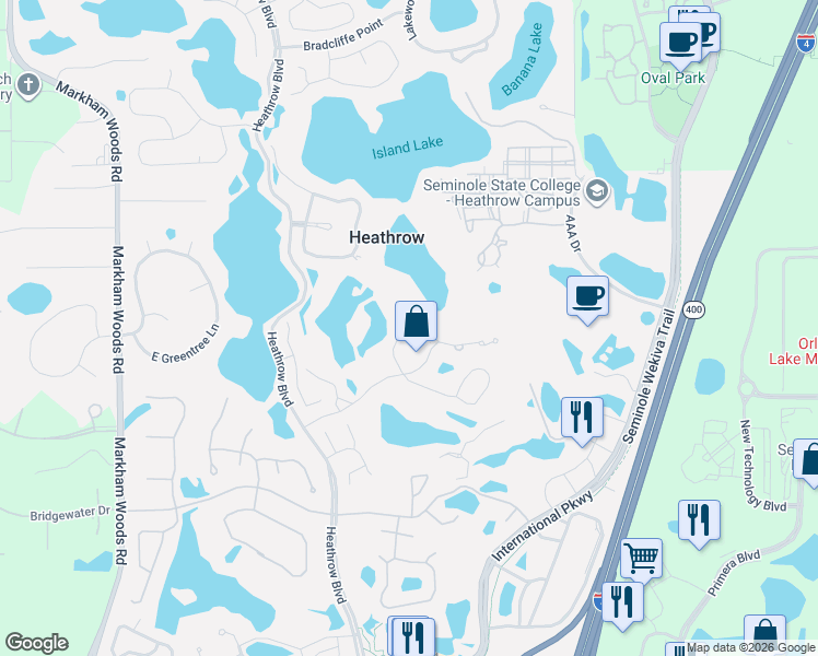 map of restaurants, bars, coffee shops, grocery stores, and more near 475 Denton Court in Lake Mary