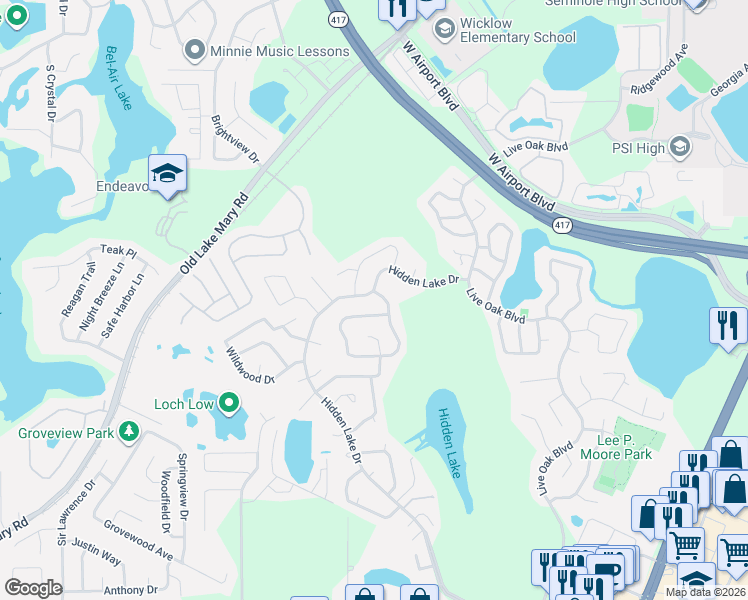 map of restaurants, bars, coffee shops, grocery stores, and more near 324 Hidden Lake Drive in Sanford