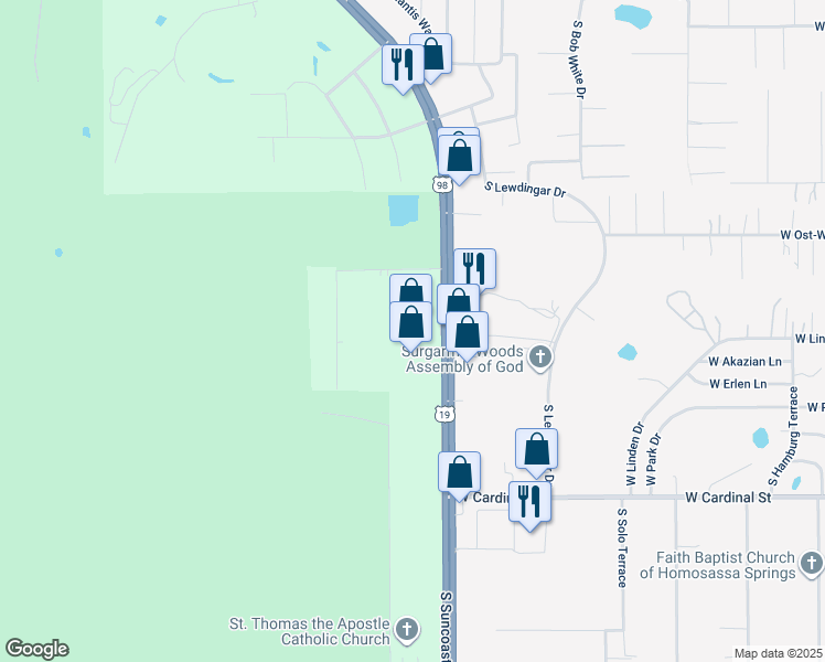 map of restaurants, bars, coffee shops, grocery stores, and more near 6370 South Suncoast Boulevard in Homosassa