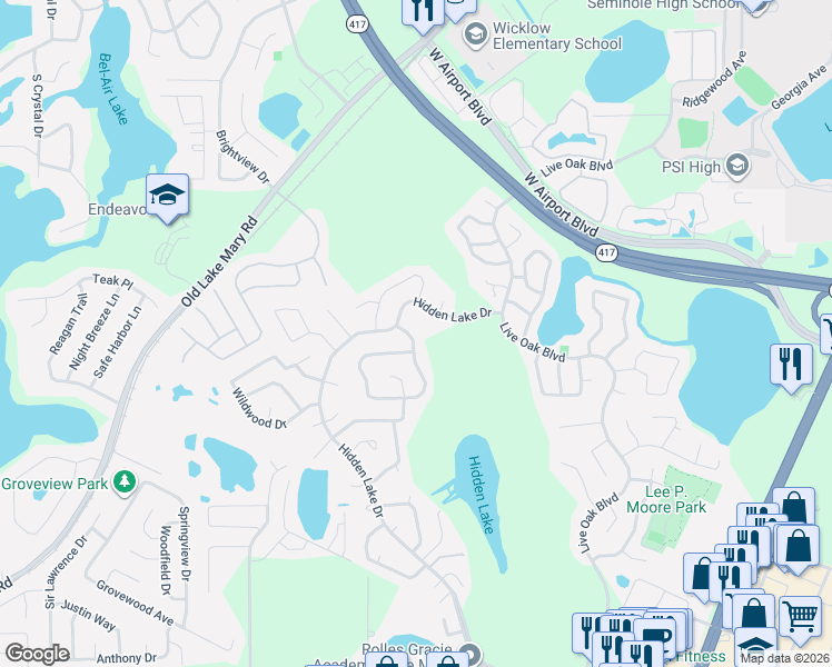 map of restaurants, bars, coffee shops, grocery stores, and more near 127 Borada Road in Sanford