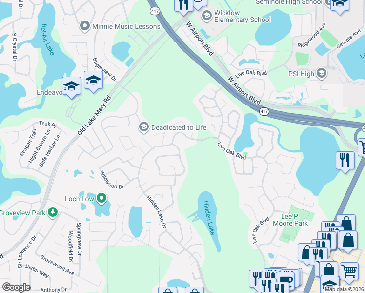 map of restaurants, bars, coffee shops, grocery stores, and more near 127 Borada Road in Sanford