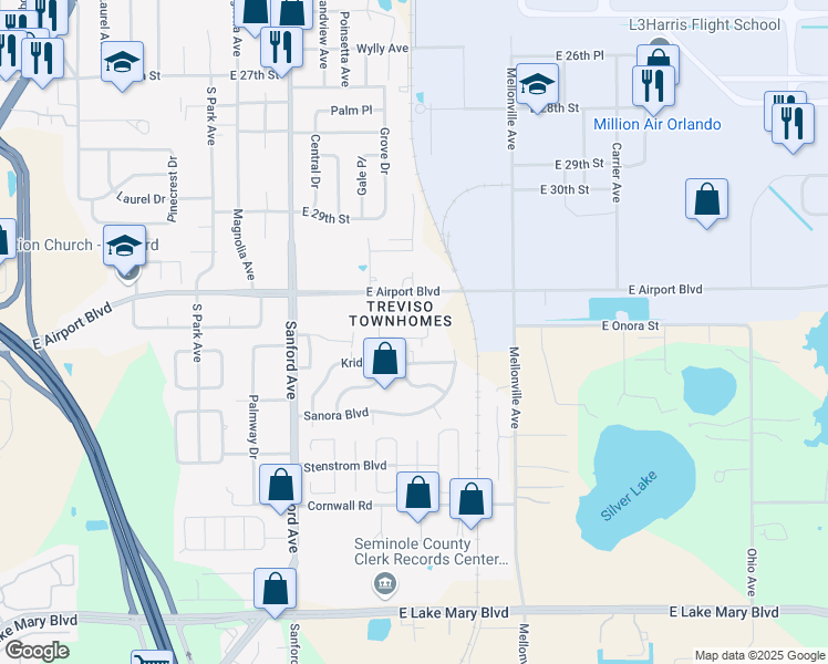 map of restaurants, bars, coffee shops, grocery stores, and more near 385 Carina Circle in Sanford