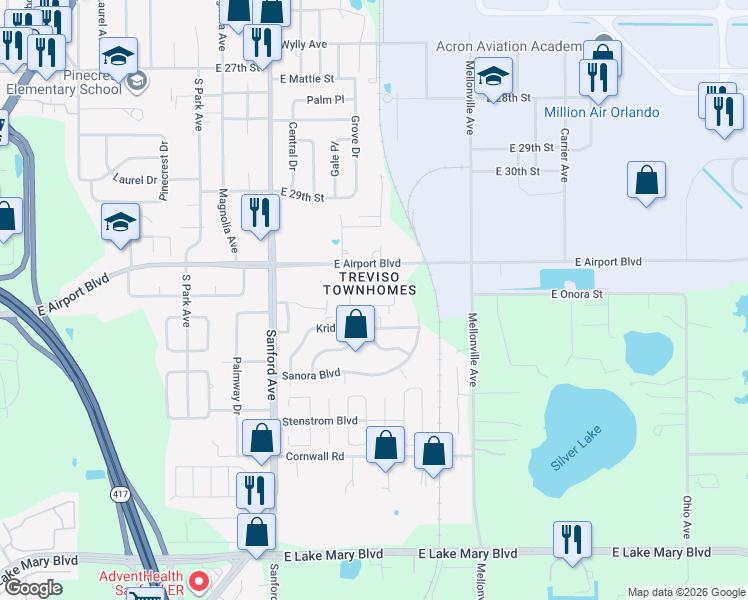 map of restaurants, bars, coffee shops, grocery stores, and more near 359 Carina Circle in Sanford