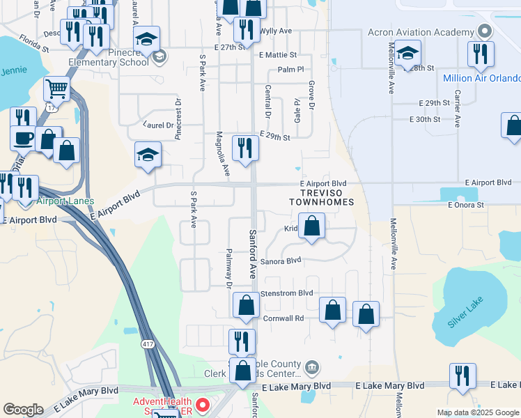 map of restaurants, bars, coffee shops, grocery stores, and more near 3291 Sanford Avenue in Sanford