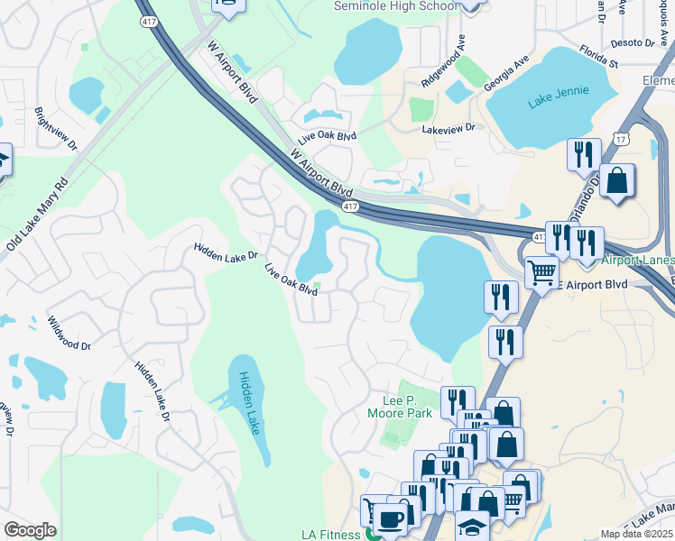 map of restaurants, bars, coffee shops, grocery stores, and more near 106 Lakeside Circle in Sanford