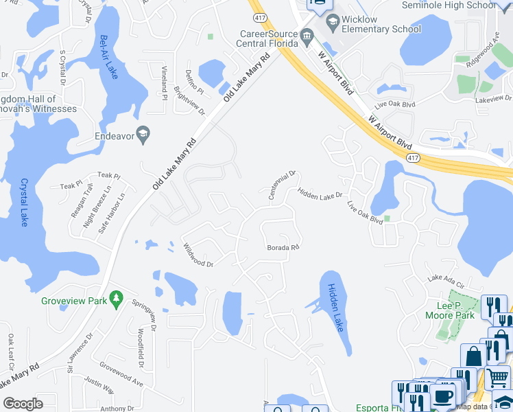 map of restaurants, bars, coffee shops, grocery stores, and more near 100 Laguna Court in Sanford