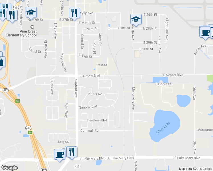 map of restaurants, bars, coffee shops, grocery stores, and more near 375 Carina Circle in Sanford