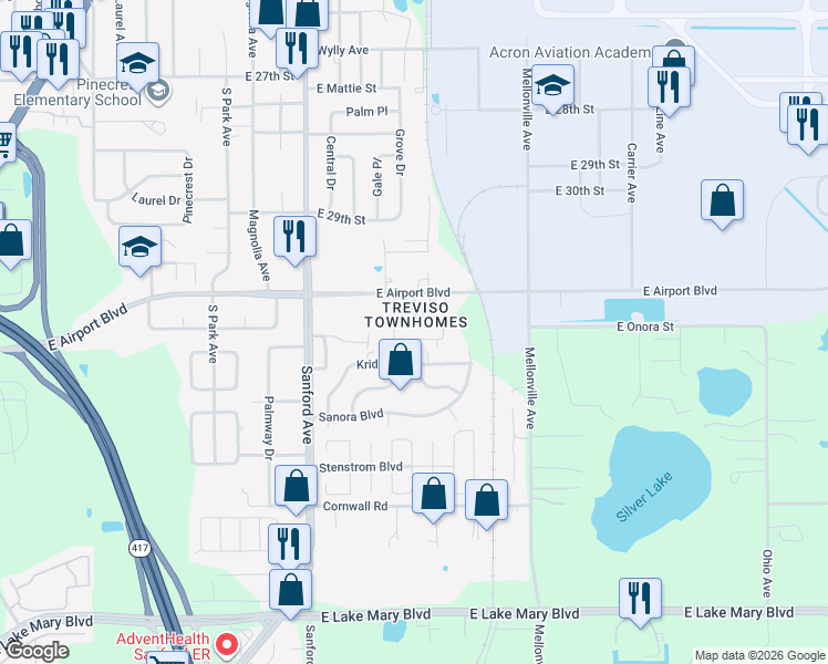 map of restaurants, bars, coffee shops, grocery stores, and more near 343 Carina Circle in Sanford