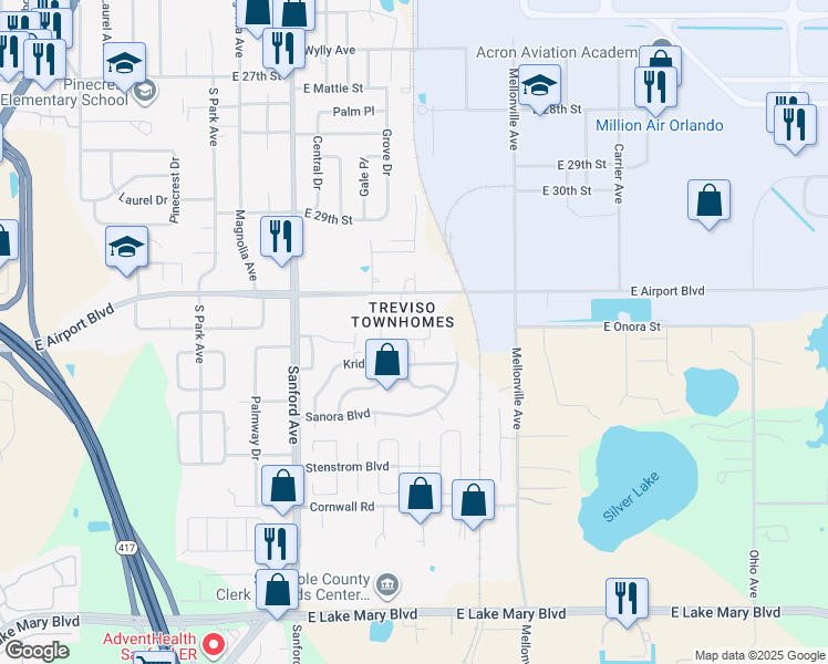 map of restaurants, bars, coffee shops, grocery stores, and more near 383 Carina Circle in Sanford