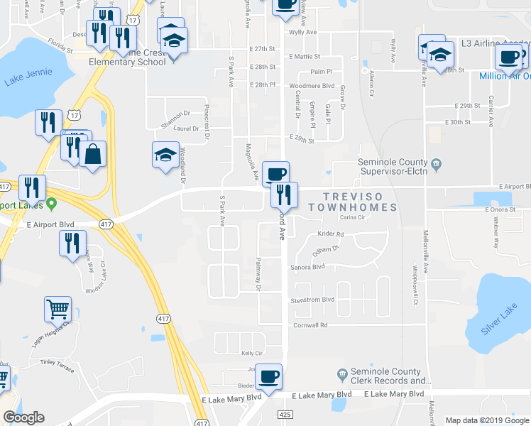 map of restaurants, bars, coffee shops, grocery stores, and more near 123 East Woodland Drive in Sanford