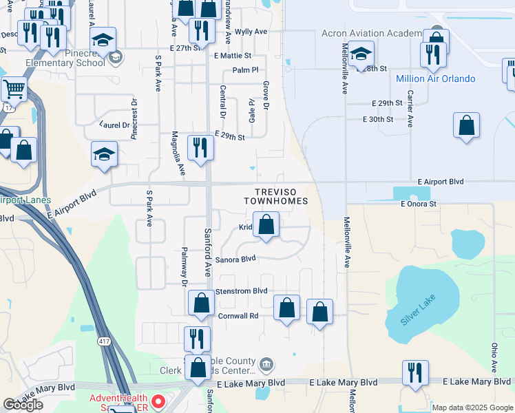 map of restaurants, bars, coffee shops, grocery stores, and more near 253 Carina Circle in Sanford